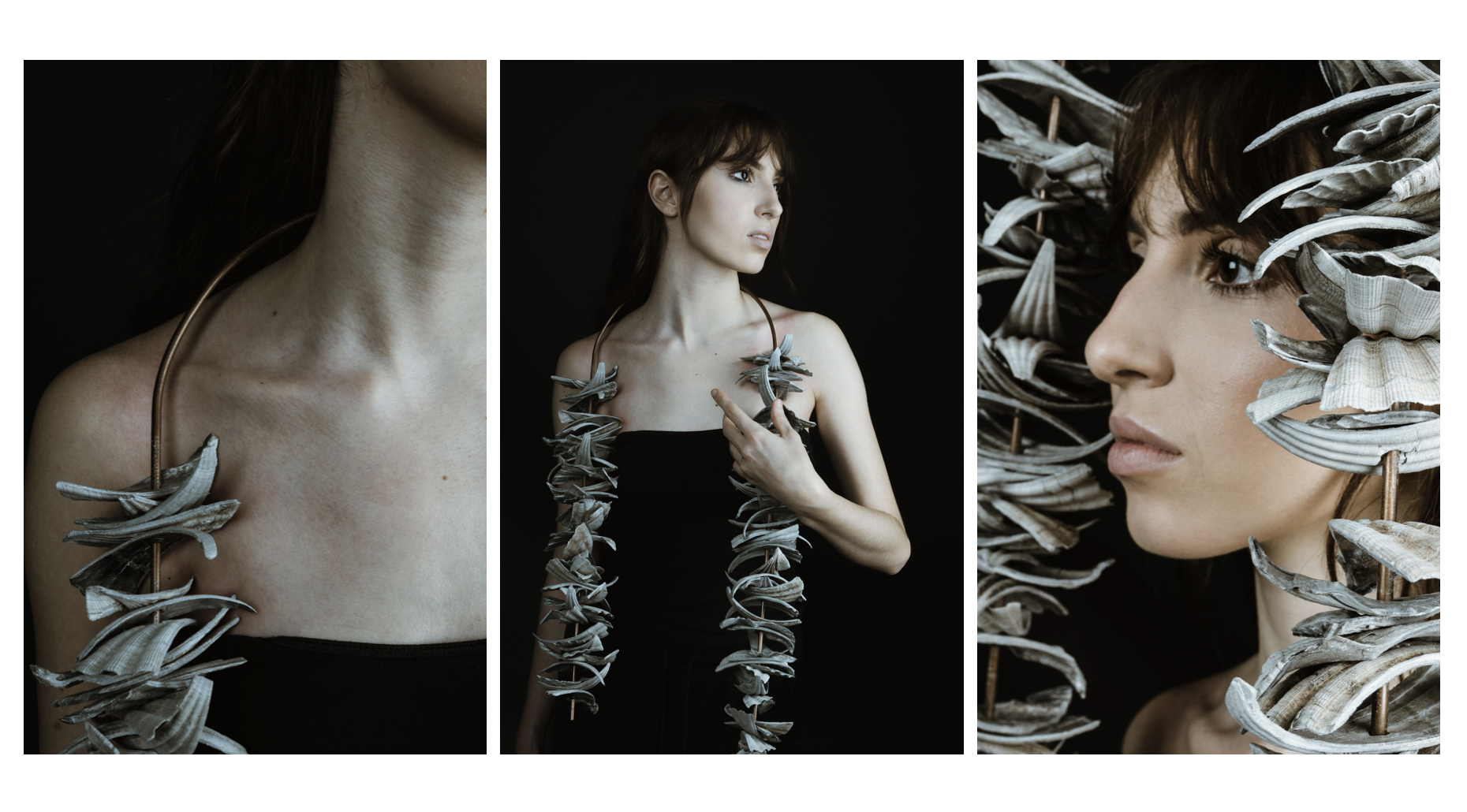 A trio of images of a model wearing a statement necklace made of copper pipe and shells. Necklace by Molly Ashton, images by Laurentina Miksys