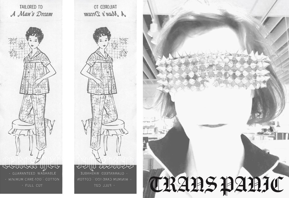 cekca het promo by Cekca Het/Rhiannon Lowe Trans panic zine cover promo print, includes two black and white vintage clothing images of ladies wearing pyjamas, and an image of artist wearing studded glasses
